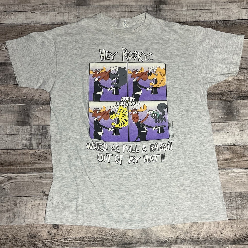 Rocky And Bullwinkle Shirt Size Large Gray Vintage 90s Magician Rabbit Hat